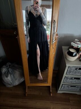 100% Silk Rebecca Vallance Black Maxi Slip Dress with High Front Slit